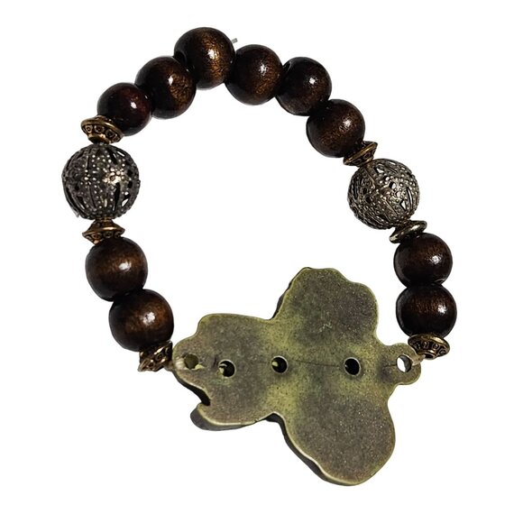African Inspired Elephant Pendant Bracelet Wooden Metal Beads Statement Jewelry - Picture 4 of 5